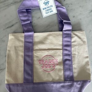 Trade Joe's mini canvas tote bag (purple) with Pink Trader Joe's logo